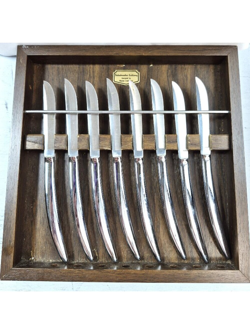 Vintage Saladmaster Cutlery Set Of 8 Stainless Steel Steak Knives Wooden Tray